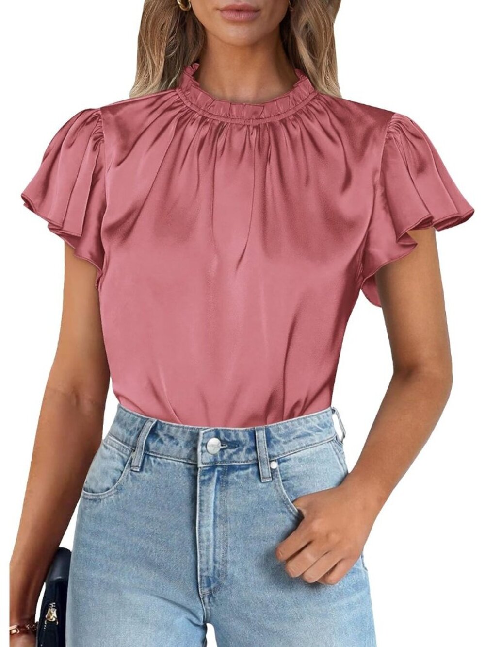 Women's Dusty Pink Satin Blouse Ruffled Neck Flutter Sleeve Office Silk Top